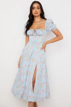 Blue Vintage Floral Puff Sleeve Midi Dress