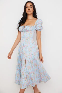 Blue Vintage Floral Puff Sleeve Midi Dress -Traumhafte Kleider tallulah 8 1