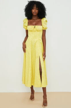 Yellow Floral Puff Sleeve Midi Dress
