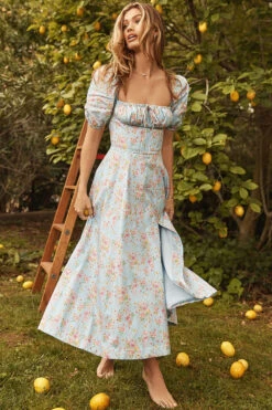 Blue Vintage Floral Puff Sleeve Midi Dress -Traumhafte Kleider tallulah b23