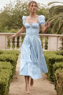 Blue Ivory Floral Puff Sleeve Midi Dress -Traumhafte Kleider tallulah b52