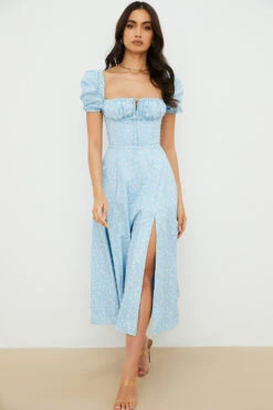 Blue Ivory Floral Puff Sleeve Midi Dress -Traumhafte Kleider tallulah blue 1