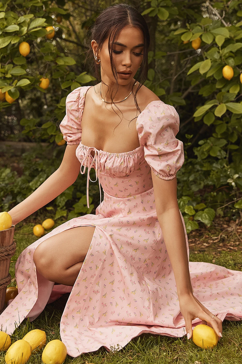 Pink Floral Puff Sleeve Midi Dress 12 Pink Floral Puff Sleeve Midi Dress – Bild 10