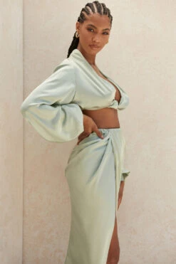 Sage Silky Satin Plunge Blouson Top -Traumhafte Kleider toscaconstance 10