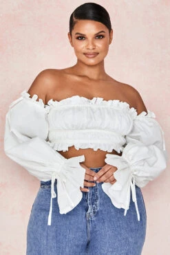 White Ruched Off Shoulder Top -Traumhafte Kleider tulayara 13a