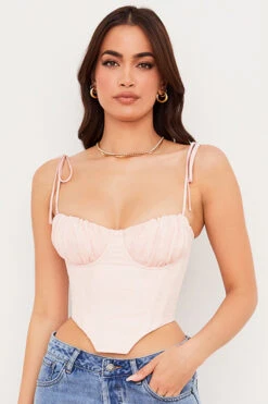 Baby Pink Chiffon Gathered Bust Cropped Corset